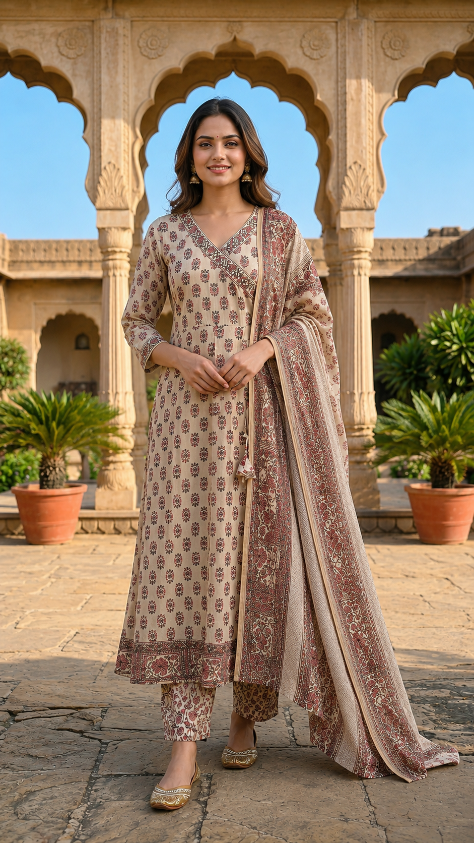 Vintage Rose Handblock Angrakha Cotton Anarkali Set