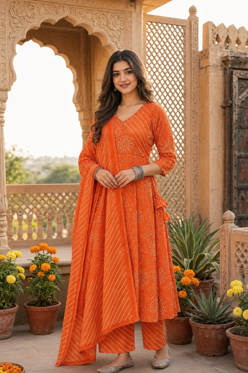 Kesariya Bandhani Angrakha Anarkali Set