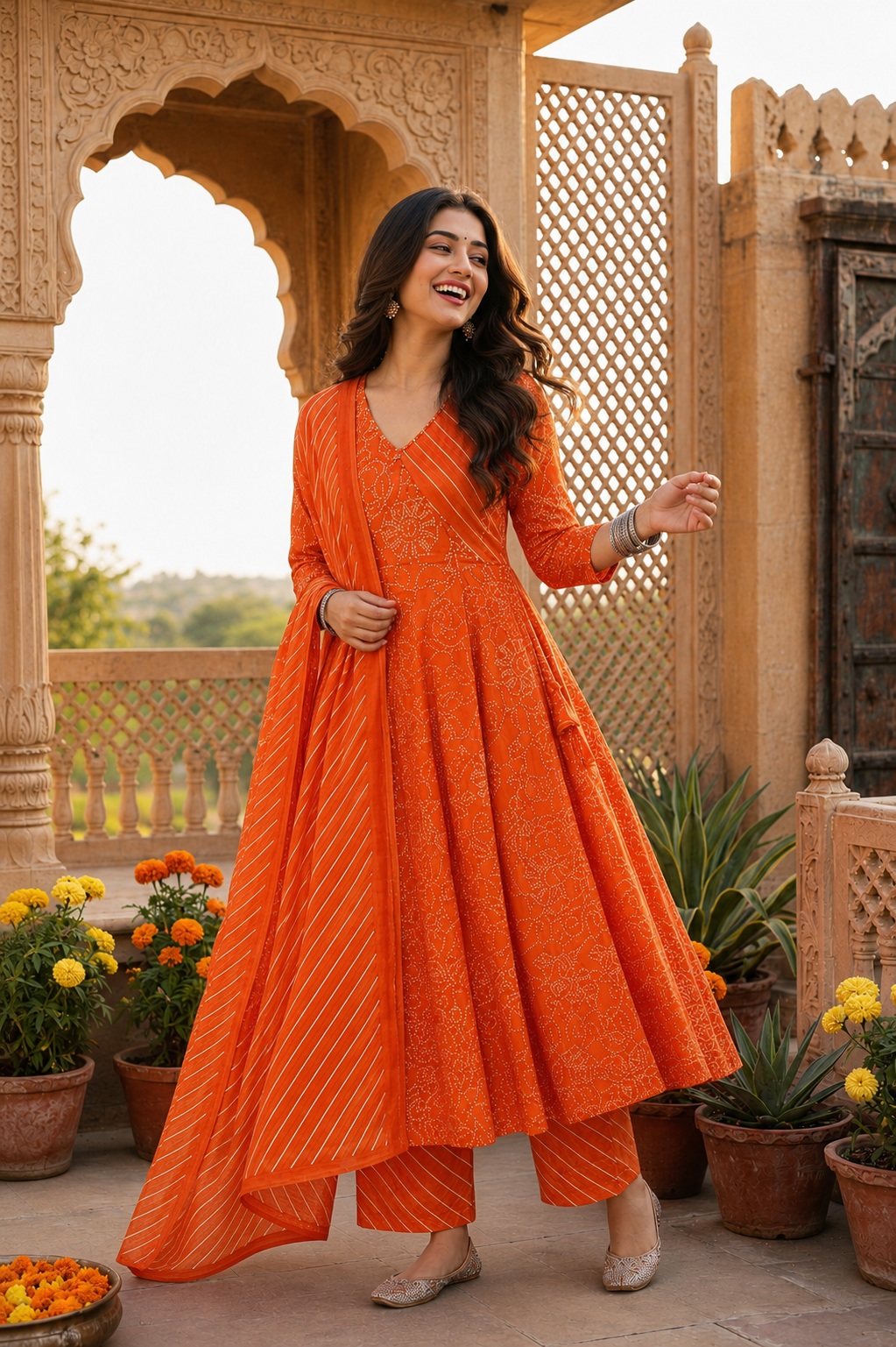 Kesariya Bandhani Angrakha Anarkali Set
