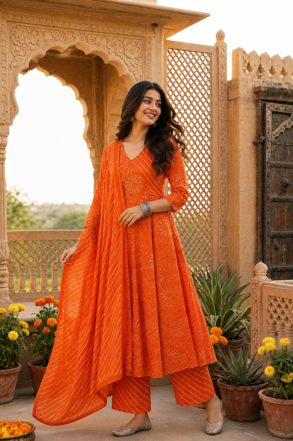 Kesariya Bandhani Angrakha Anarkali Set