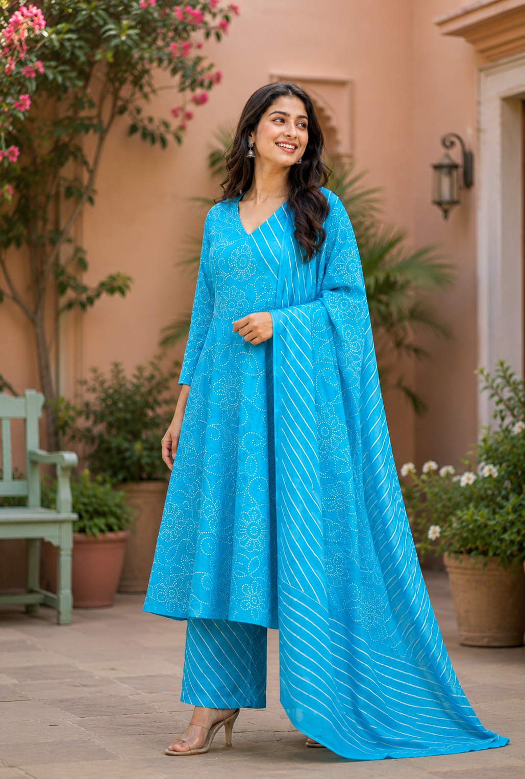 Neelambari Bandhani Angrakha Anarkali Set