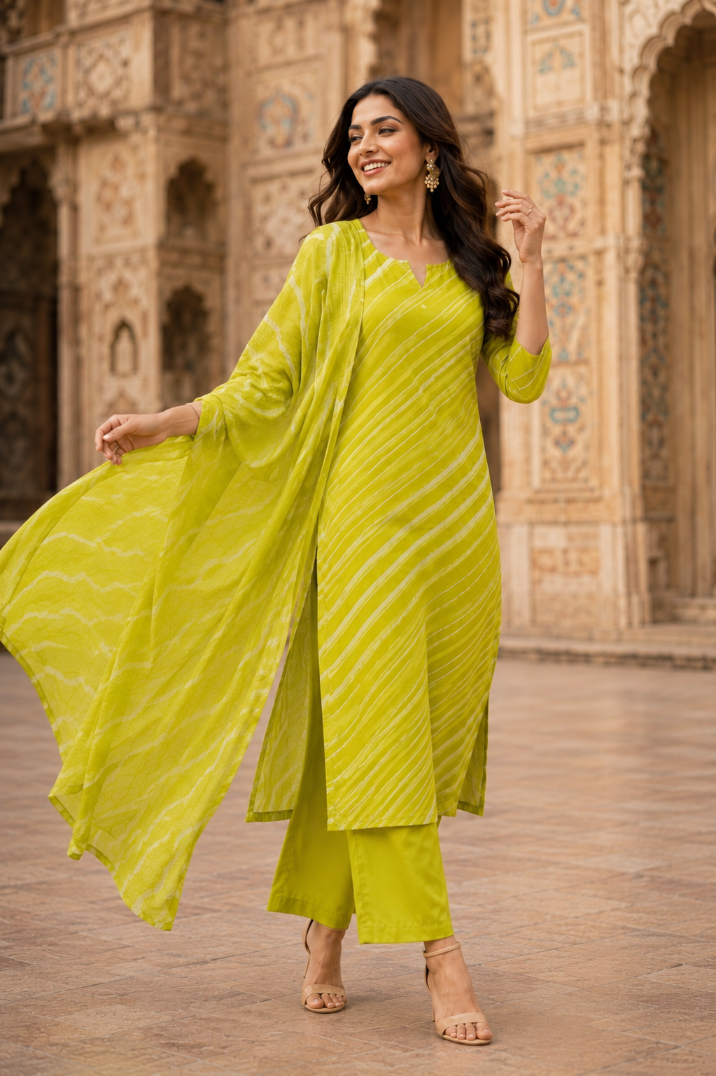 Lime Green Leheriya Cotton Suit Set