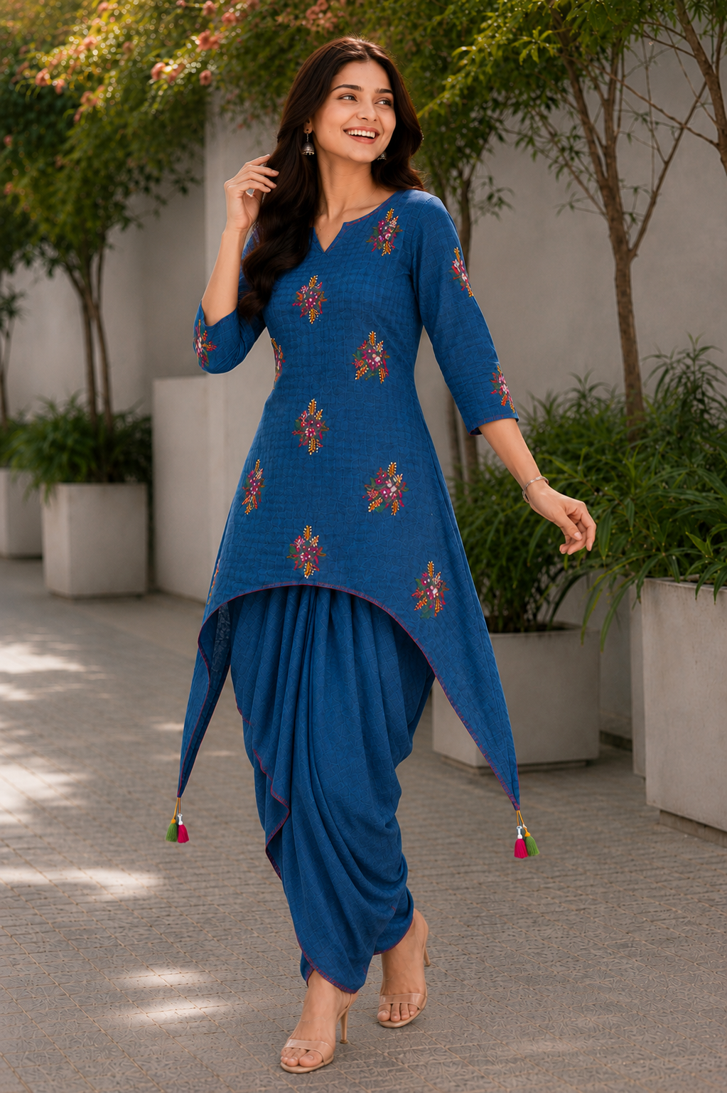 Cobalt Bloom Handloom Dhoti Skirt Set