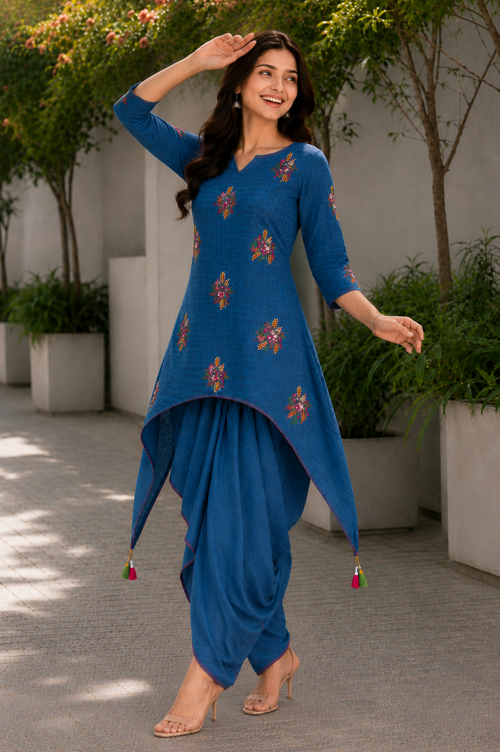 Cobalt Bloom Handloom Dhoti Skirt Set