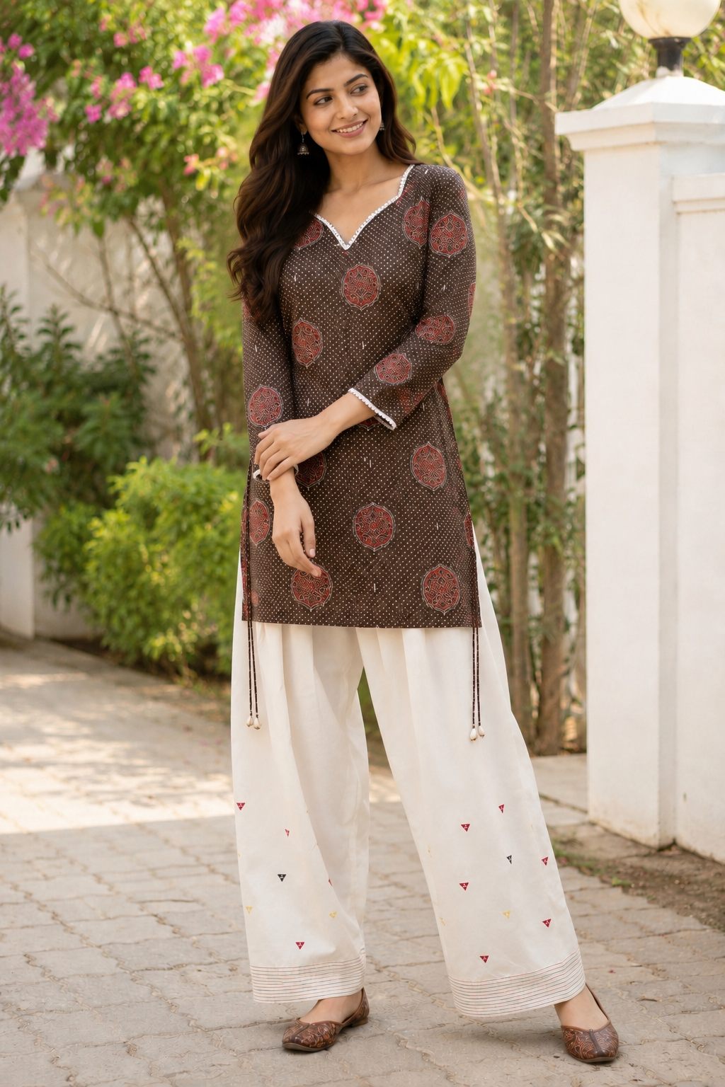 Brown Ajrakh Side-Tie Kurta & Farshi Salwar Set