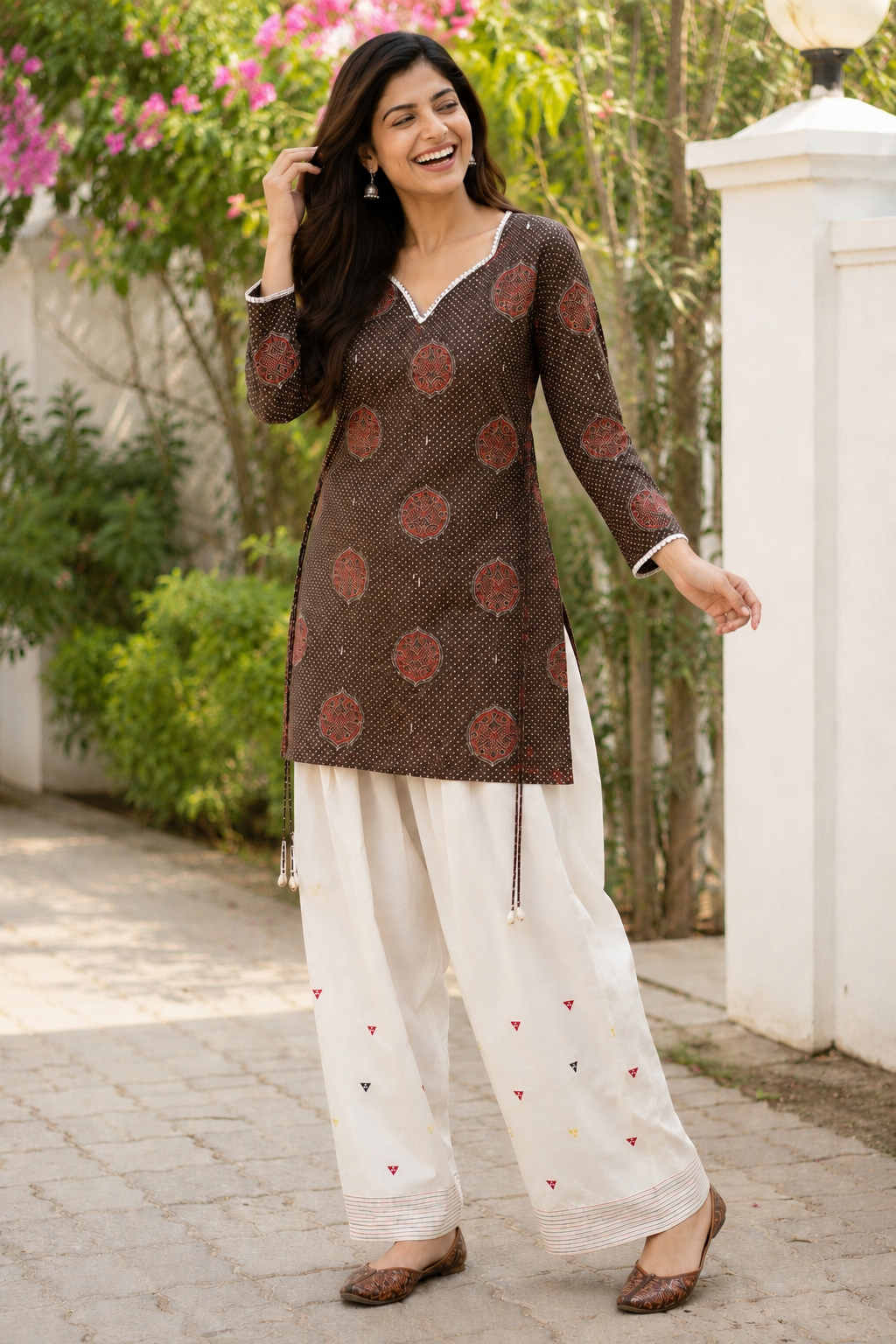 Brown Ajrakh Side-Tie Kurta & Farshi Salwar Set