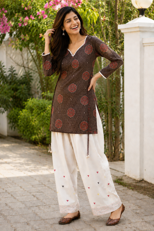 Brown Ajrakh Side-Tie Kurta & Farshi Salwar Set