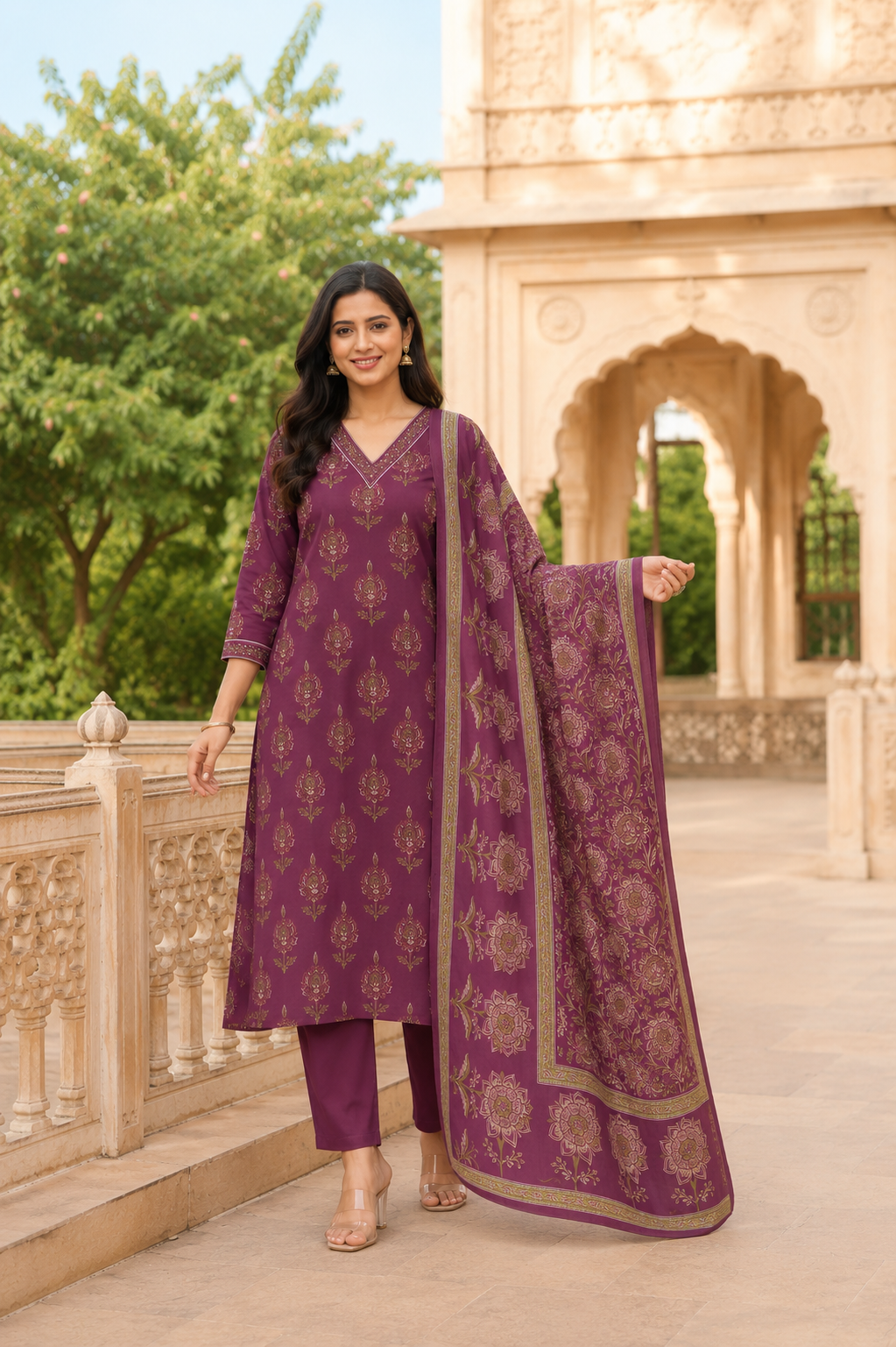 Plum Floral Handblock Cotton Dupatta Suit Set