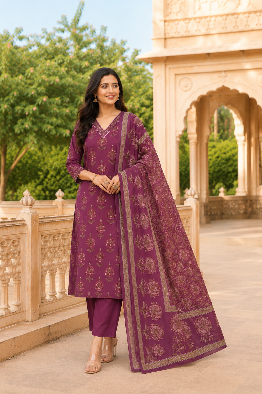 Plum Floral Handblock Cotton Dupatta Suit Set