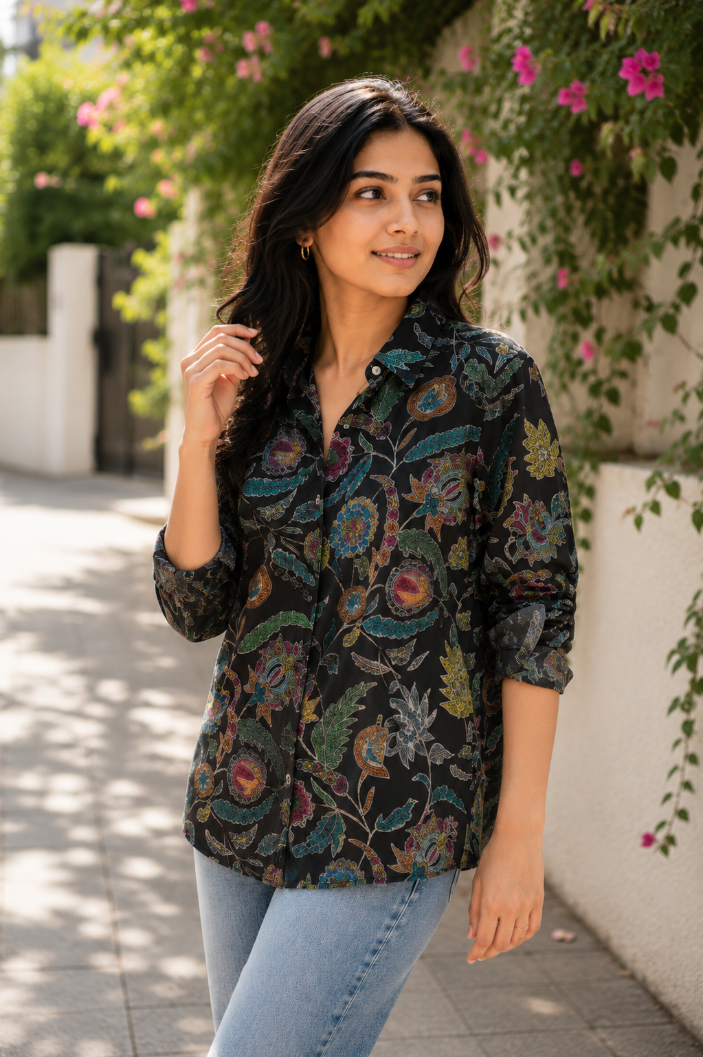 Midnight Kalamkari Silk Button-Down Shirt