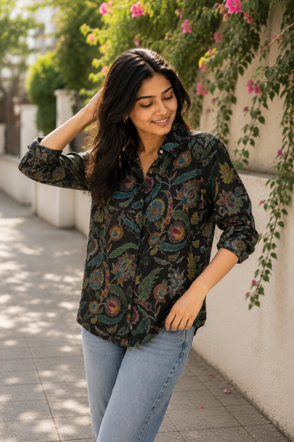 Midnight Kalamkari Silk Button-Down Shirt