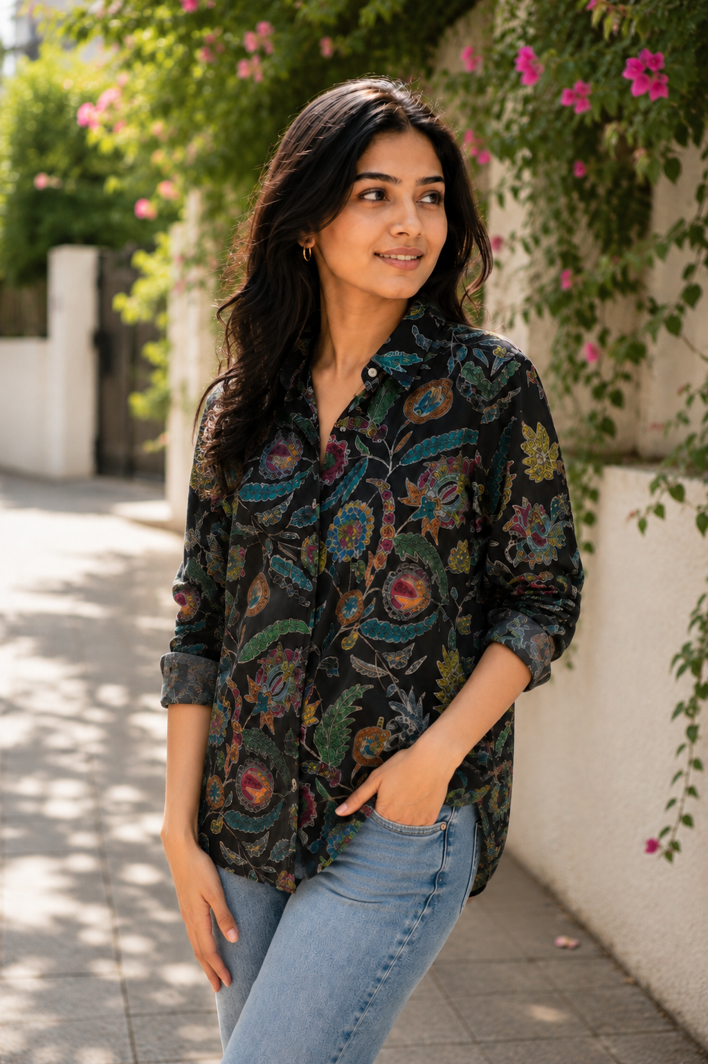 Midnight Kalamkari Silk Button-Down Shirt