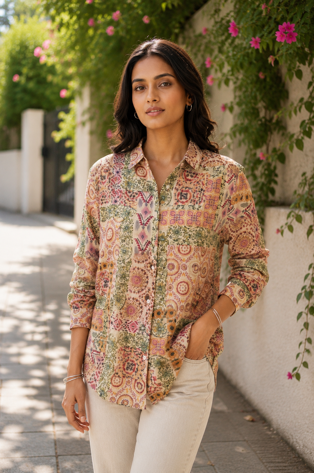 Terracotta Mosaic Ajrakh Print Silk Shirt