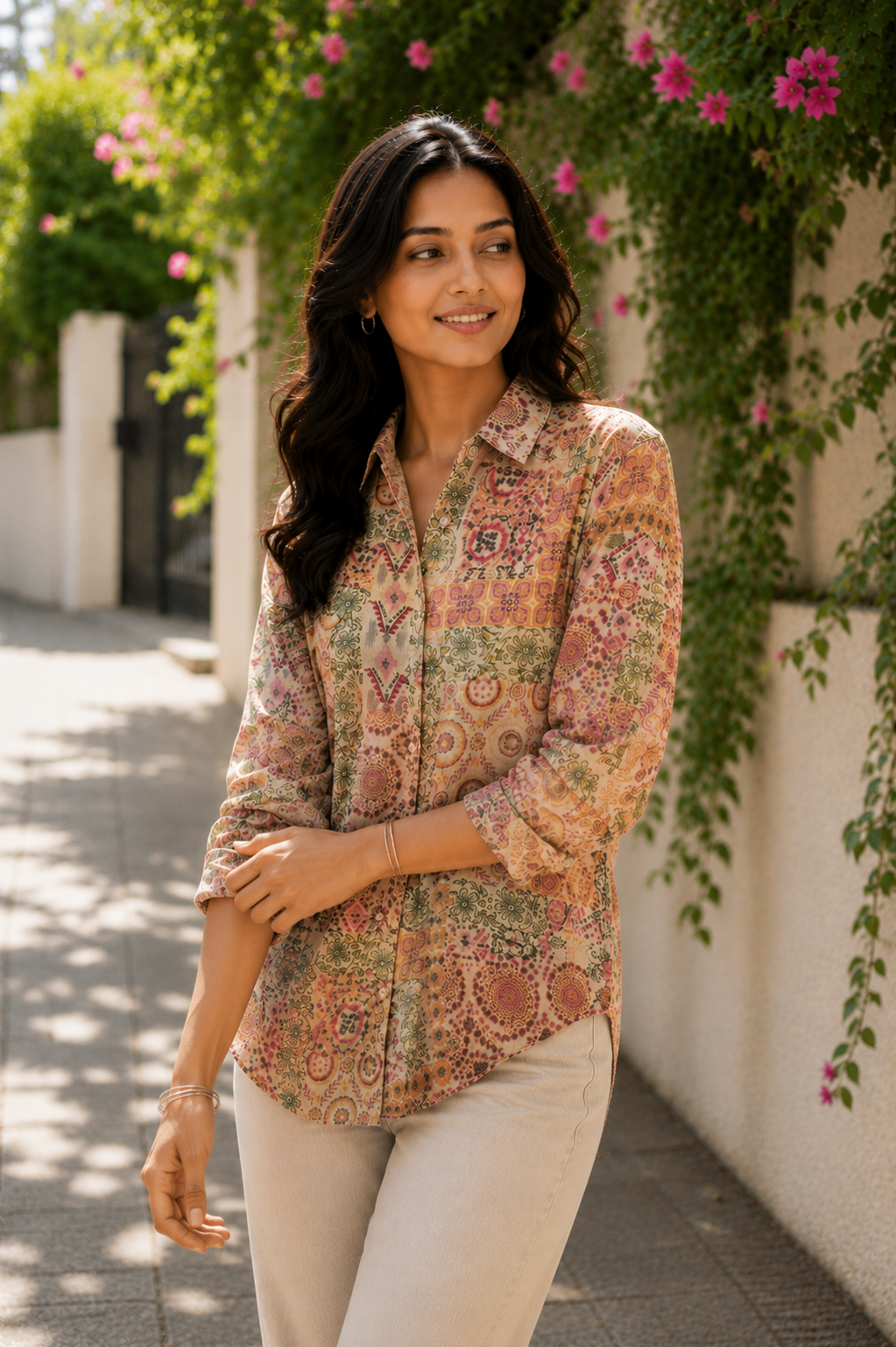 Terracotta Mosaic Ajrakh Print Silk Shirt