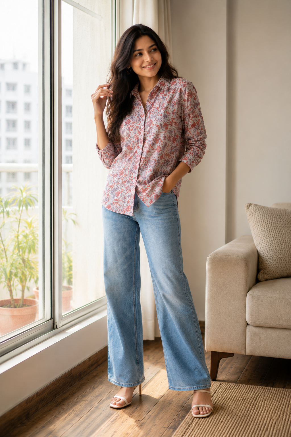 Pastel Floral Mul Silk Button-Down Shirt