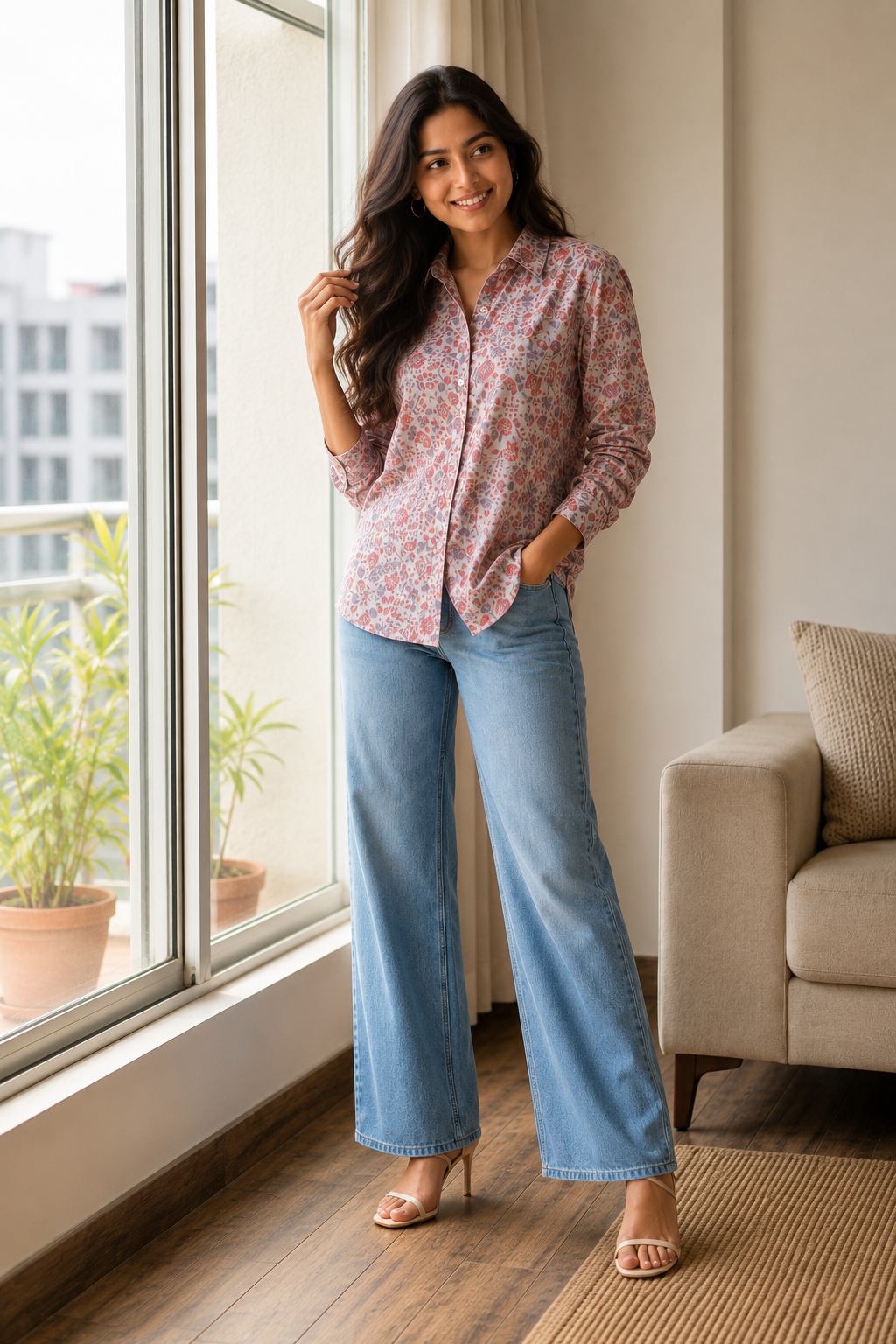 Pastel Floral Mul Silk Button-Down Shirt