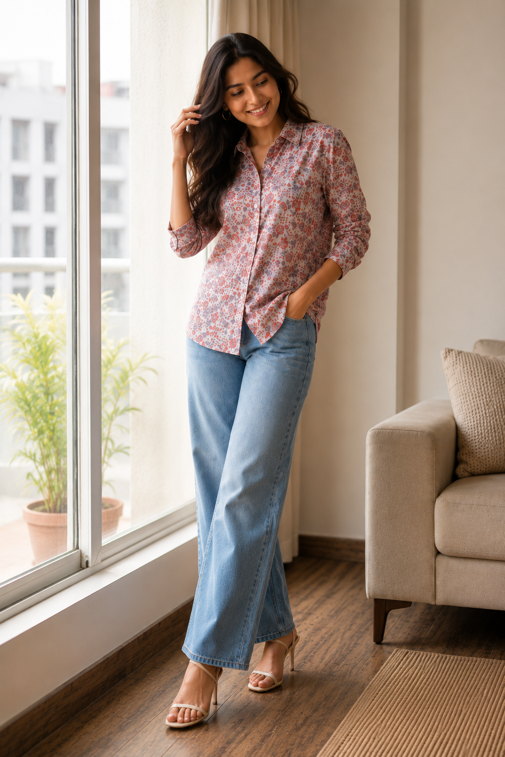 Pastel Floral Mul Silk Button-Down Shirt