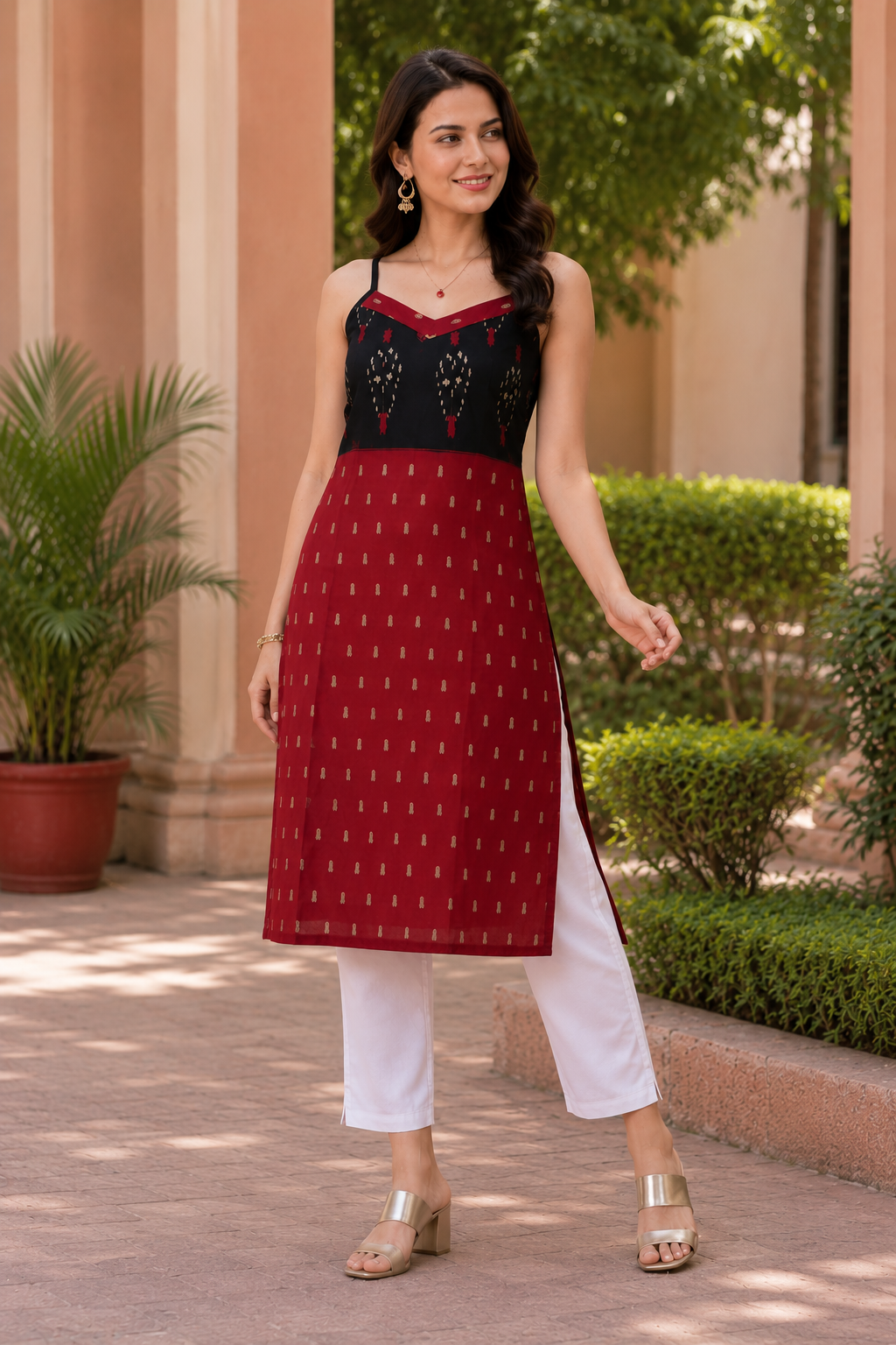 Brick Bloom Ikkat Spaghetti Kurti