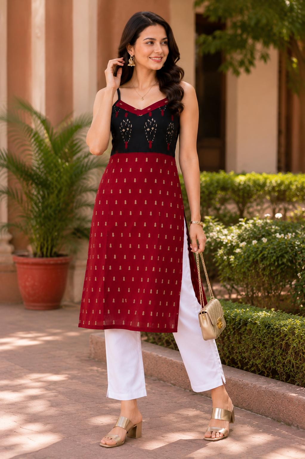 Brick Bloom Ikkat Spaghetti Kurti