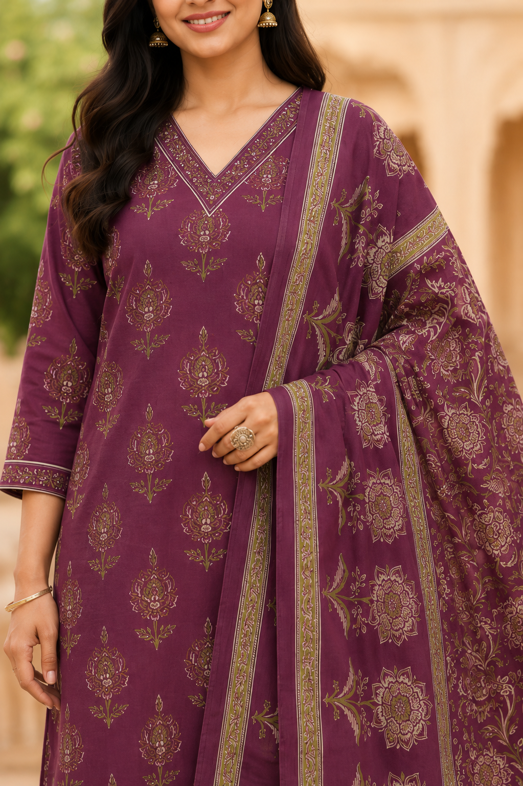 Plum Floral Handblock Cotton Dupatta Suit Set