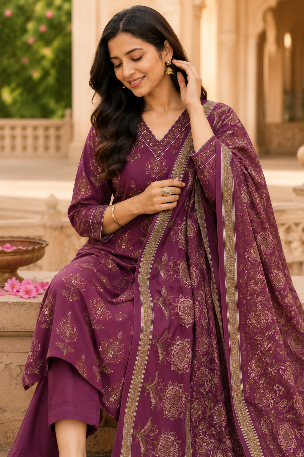 Plum Floral Handblock Cotton Dupatta Suit Set