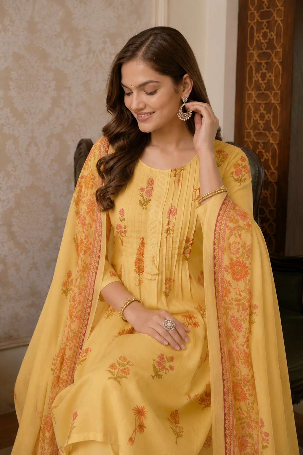 Sunlight Yellow Floral A-Line Cotton Suit Set
