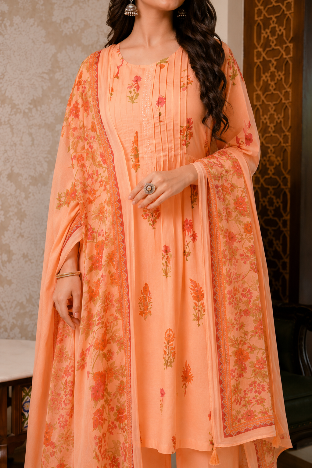 Soft Peach Floral A-Line Cotton Suit Set