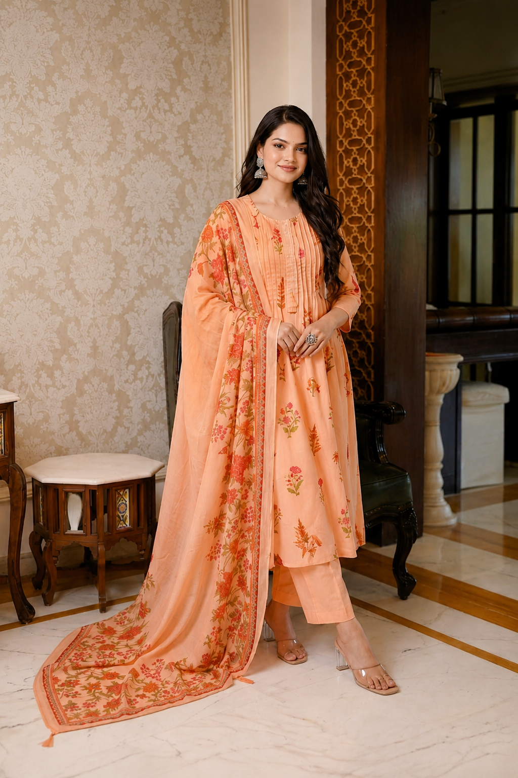Soft Peach Floral A-Line Cotton Suit Set