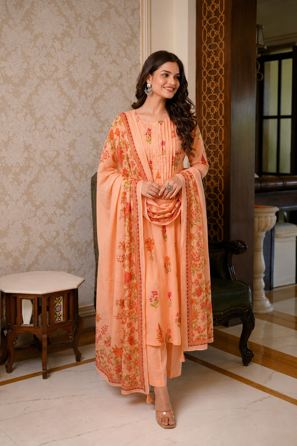 Soft Peach Floral A-Line Cotton Suit Set