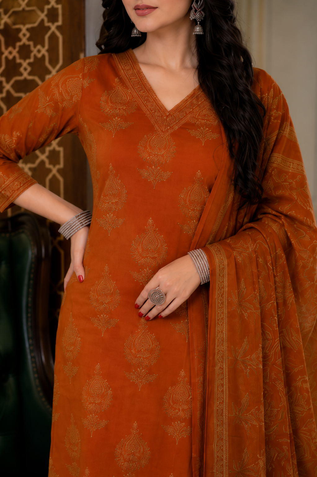 Rust Orange Floral Handblock Cotton Suit Set