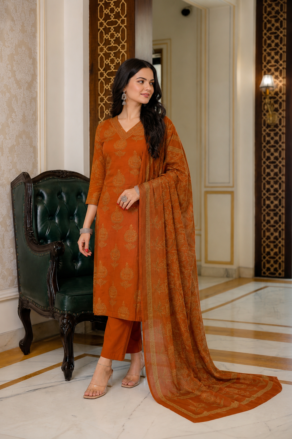 Rust Orange Floral Handblock Cotton Suit Set