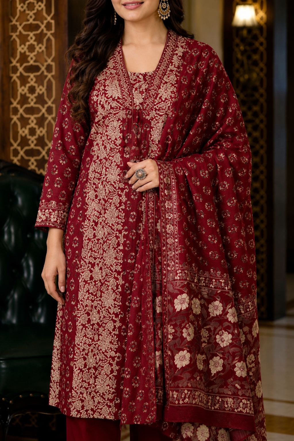 Maroon Floral A-Line Cotton Suit Set