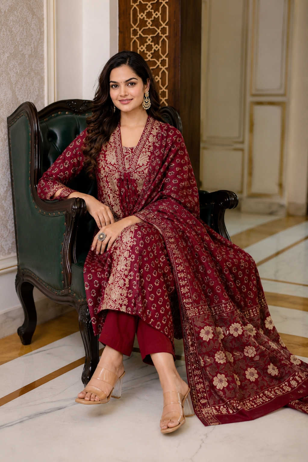 Maroon Floral A-Line Cotton Suit Set