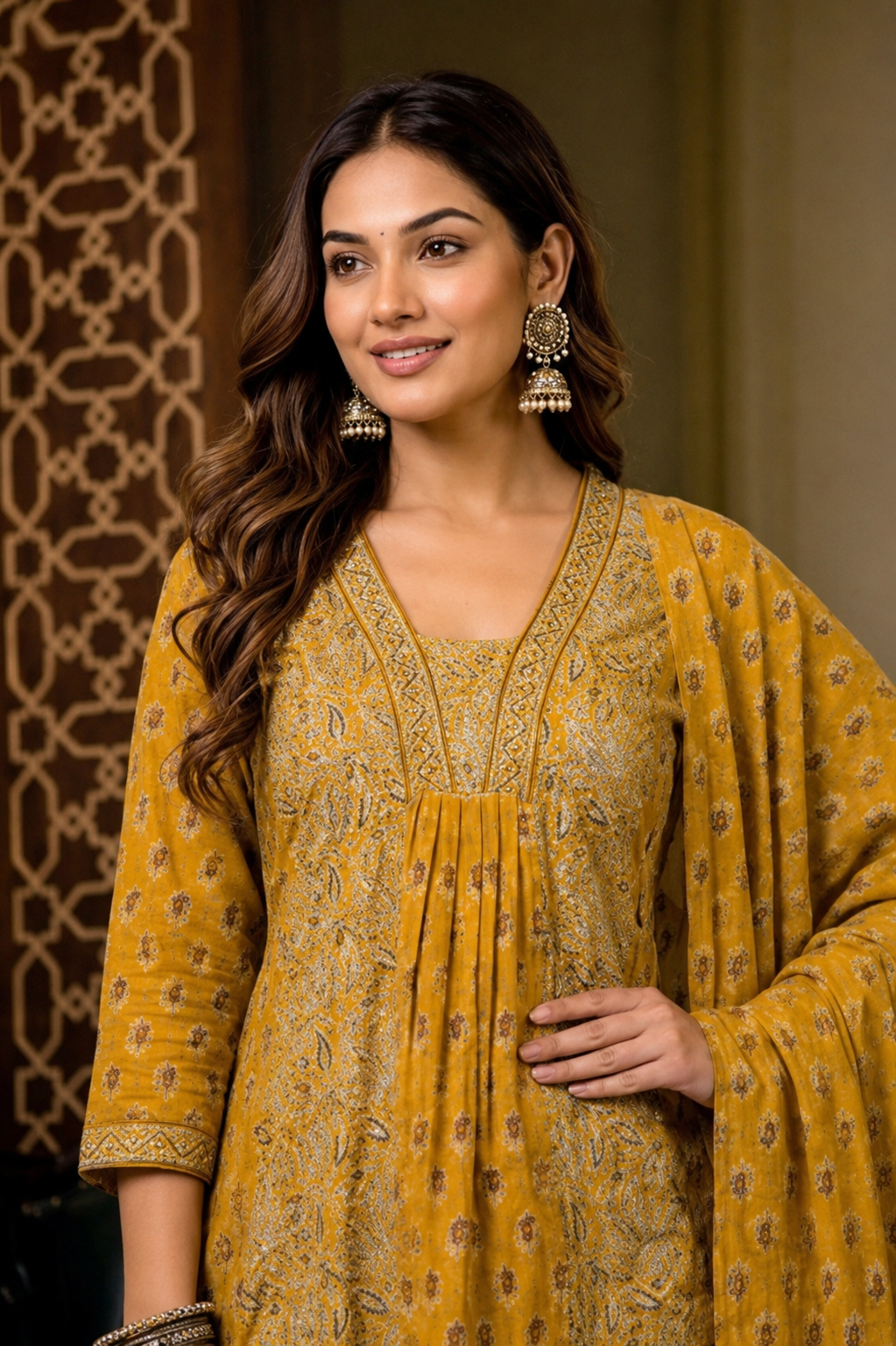 Mustard Yellow Floral A-Line Cotton Suit Set