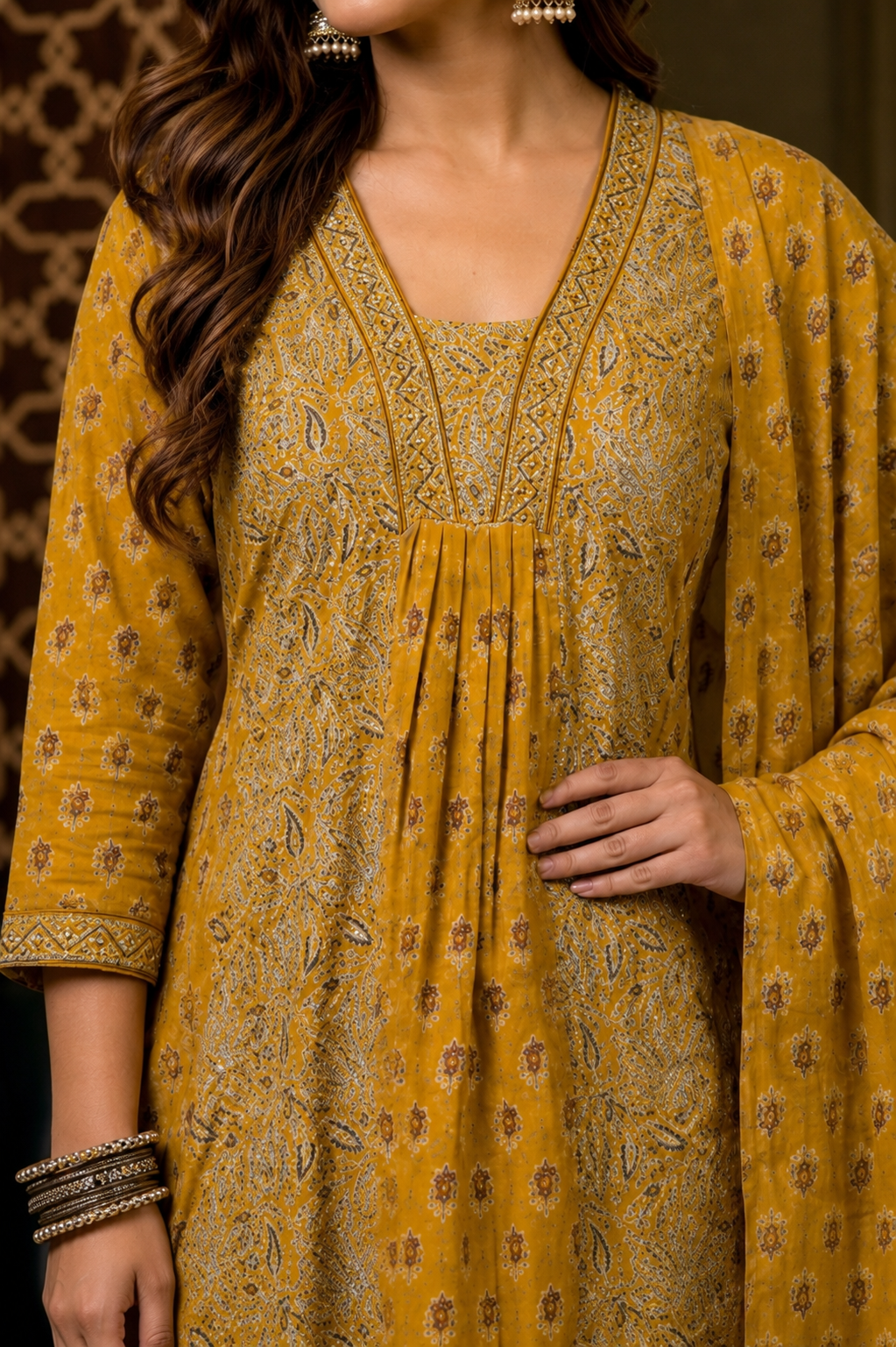 Mustard Yellow Floral A-Line Cotton Suit Set