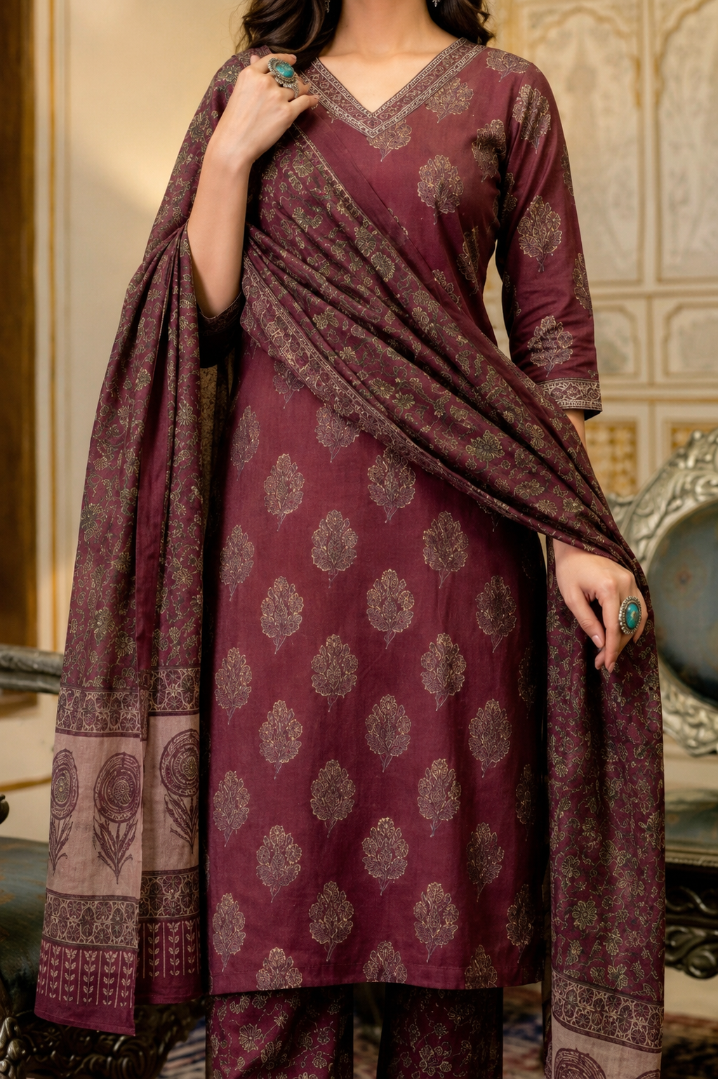 Burgundy Mughal Cotton Suit Set