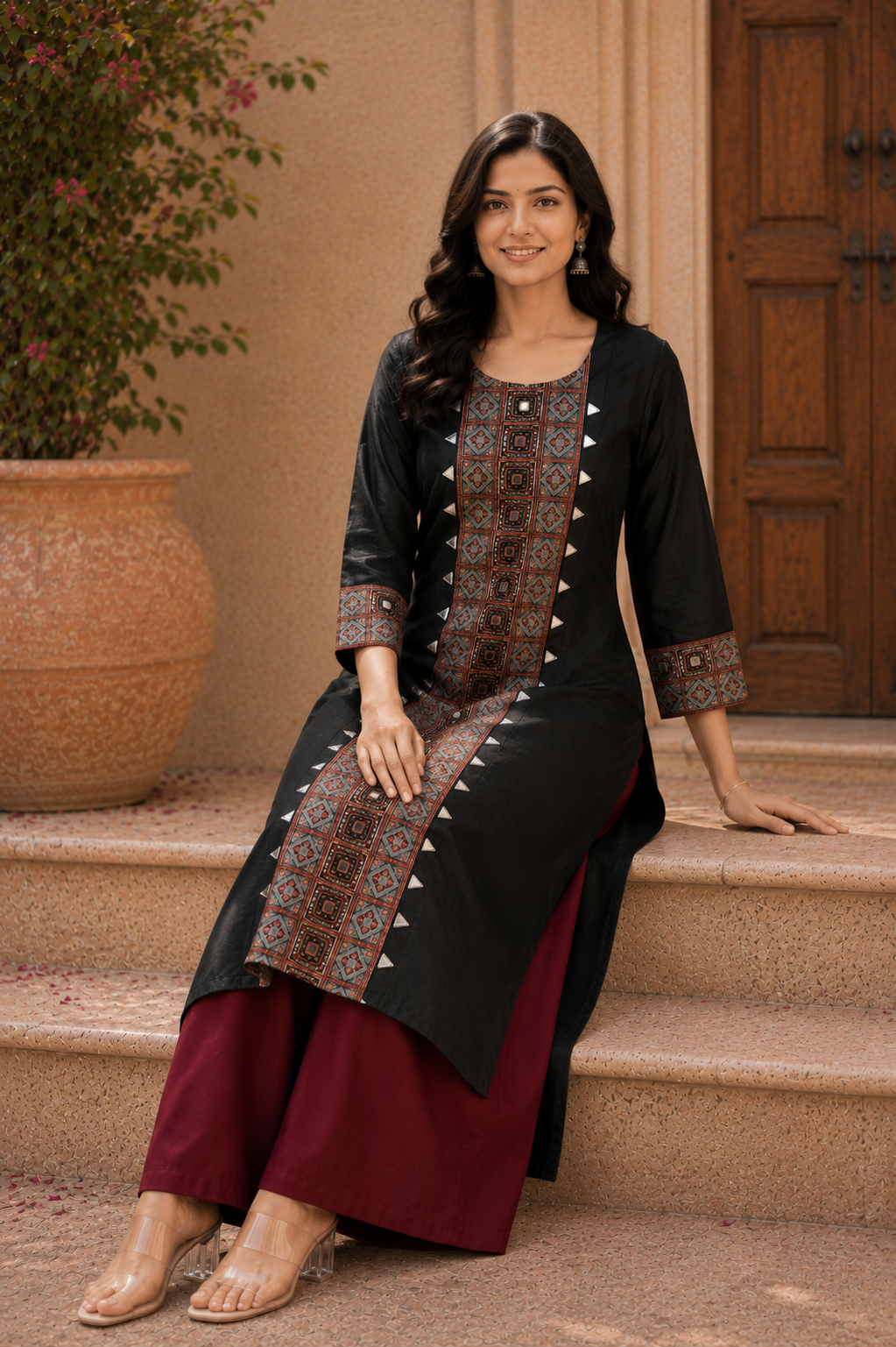 Noir Ajrakh Silk Kurta