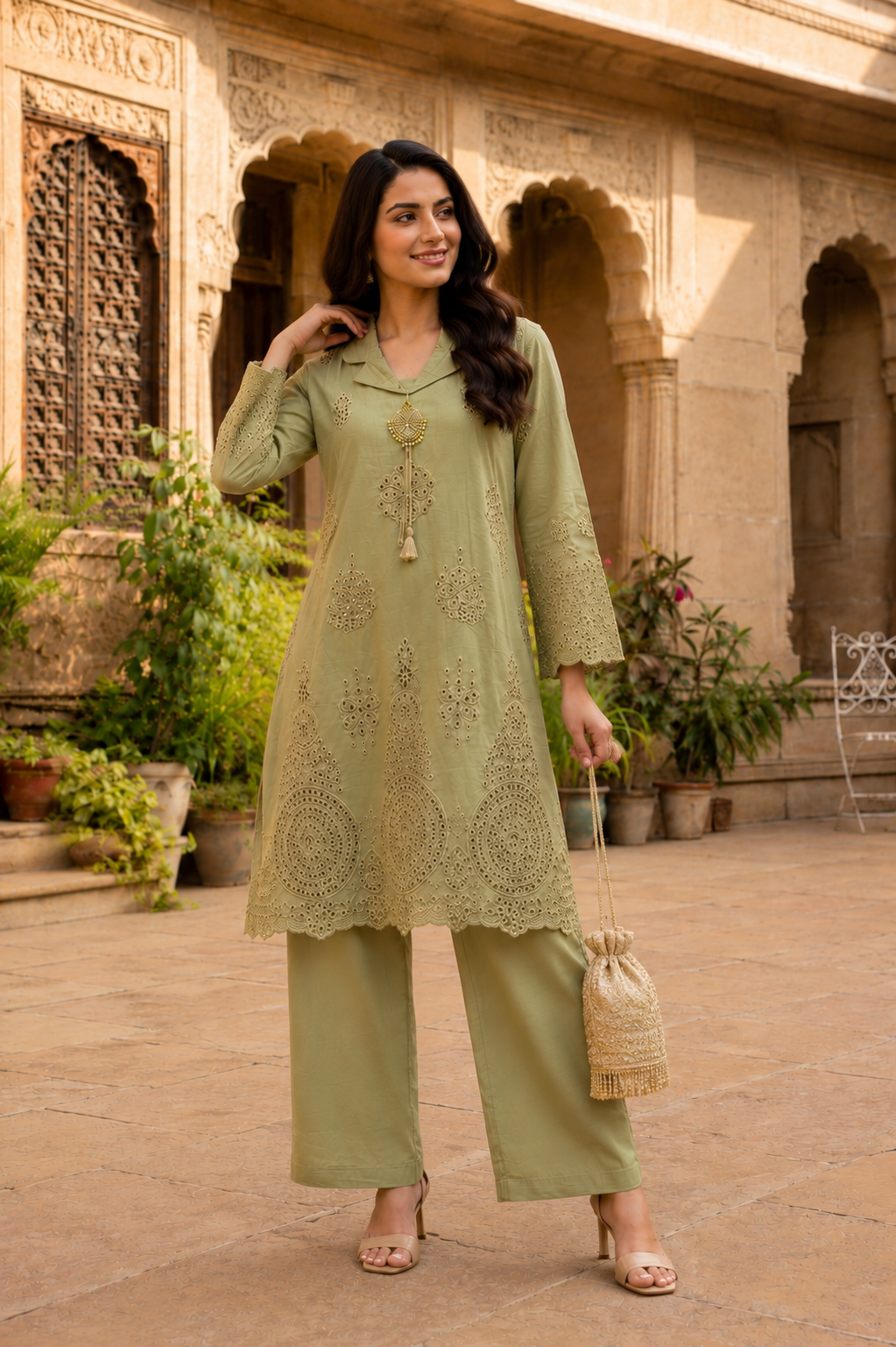 Sage Schiffli Co-ord Set