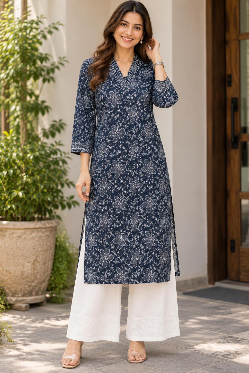 Noir Bloom Cotton V-Neck Kurta