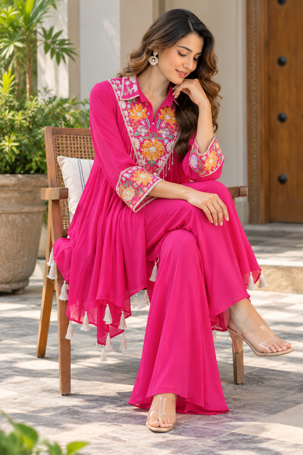 Fuchsia Bloom Embroidered Chiffon Sharara Co-ord Set