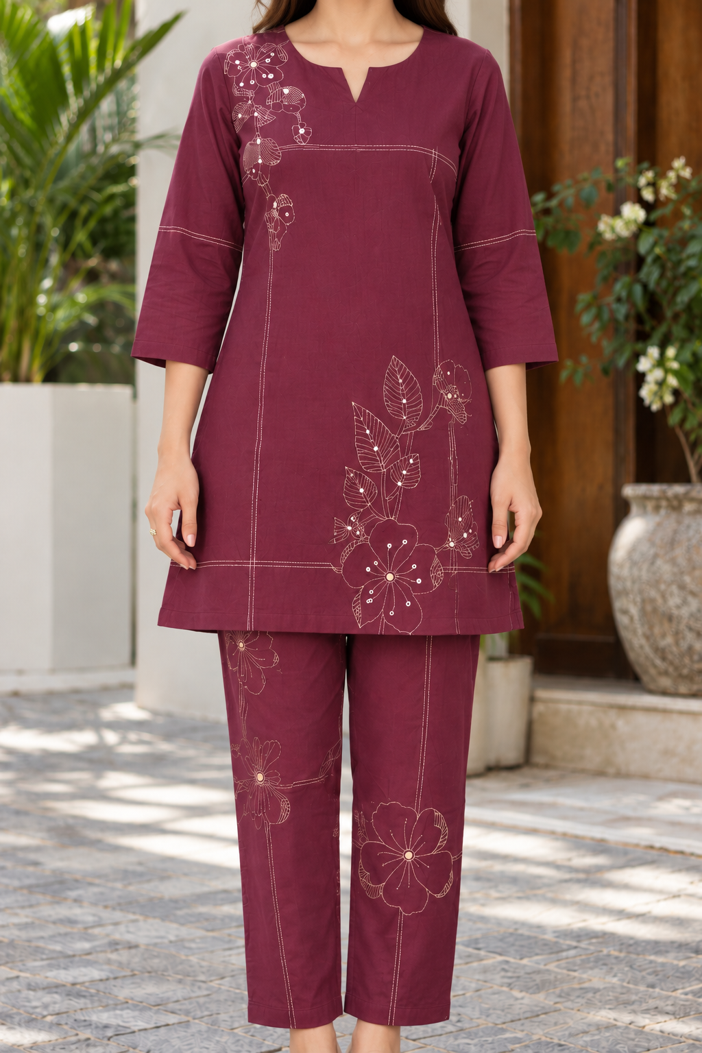 Burgundy Bloom Embroidered Cotton Co-ord Set