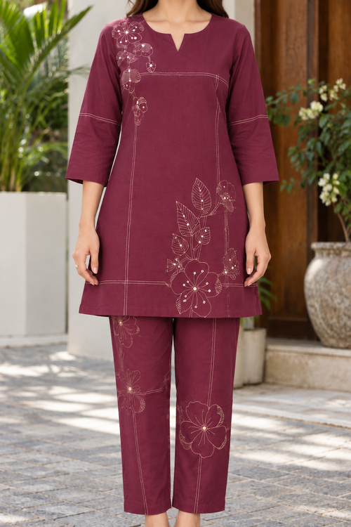 Burgundy Bloom Embroidered Cotton Co-ord Set