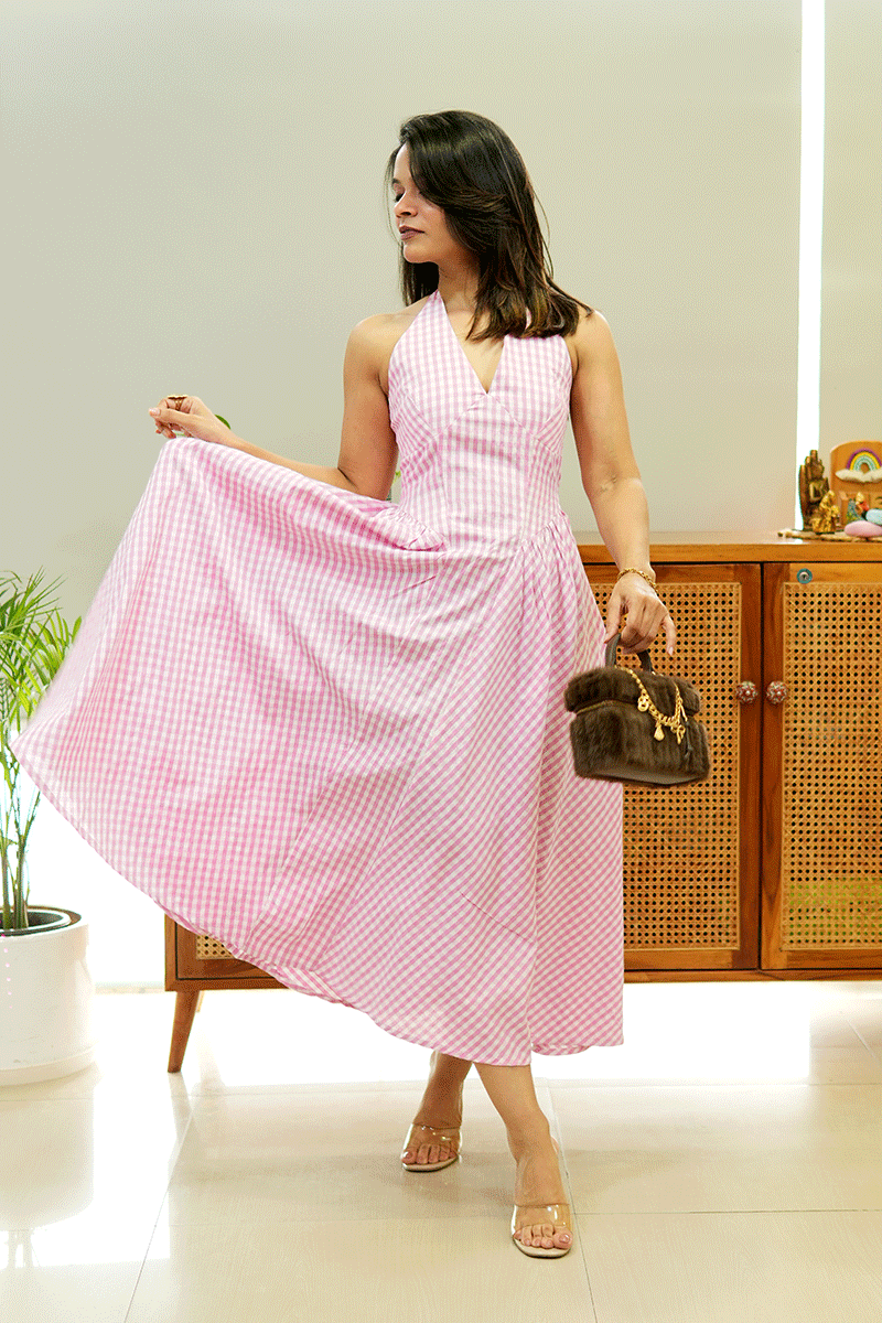Pink Gingham Halter Midi Dress