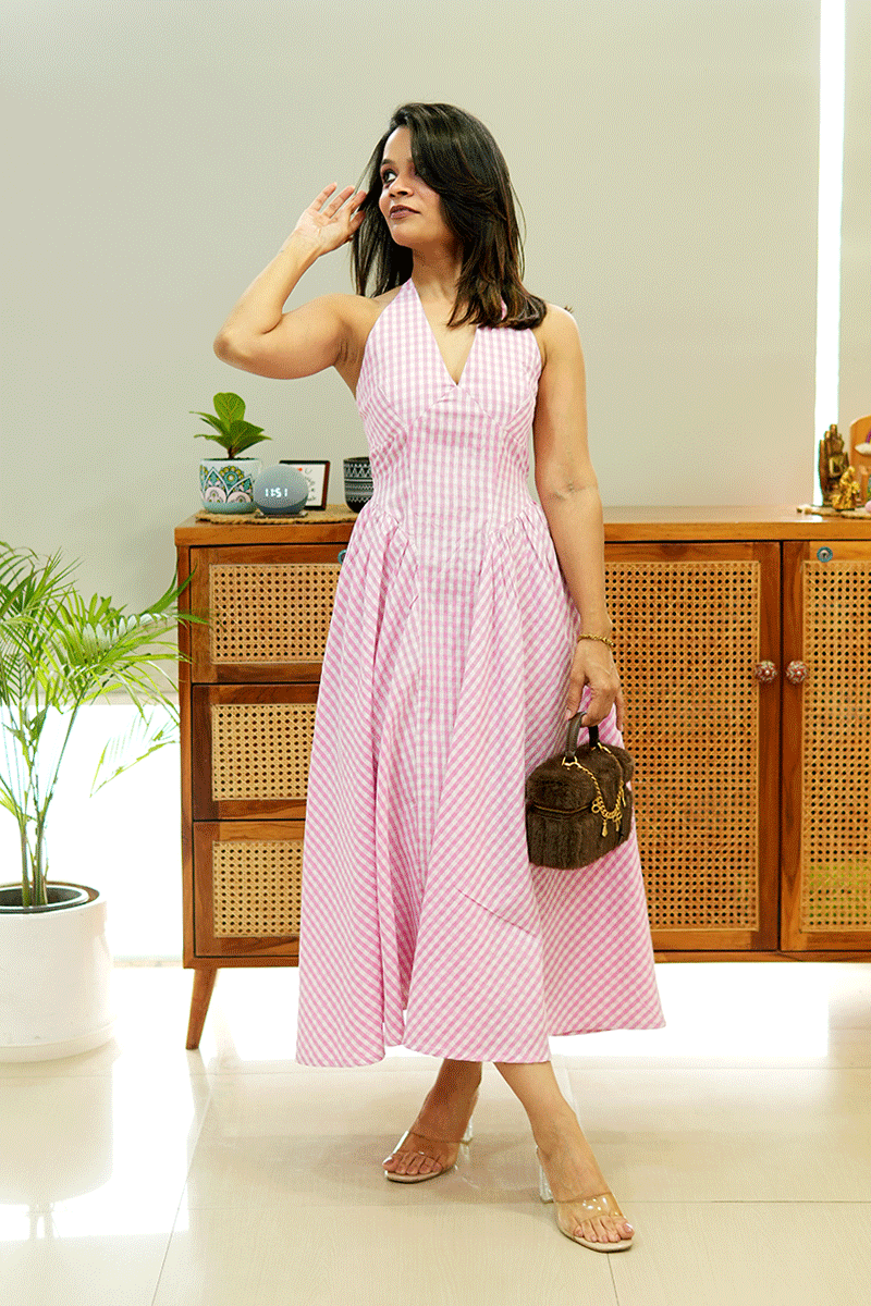 Pink Gingham Halter Midi Dress