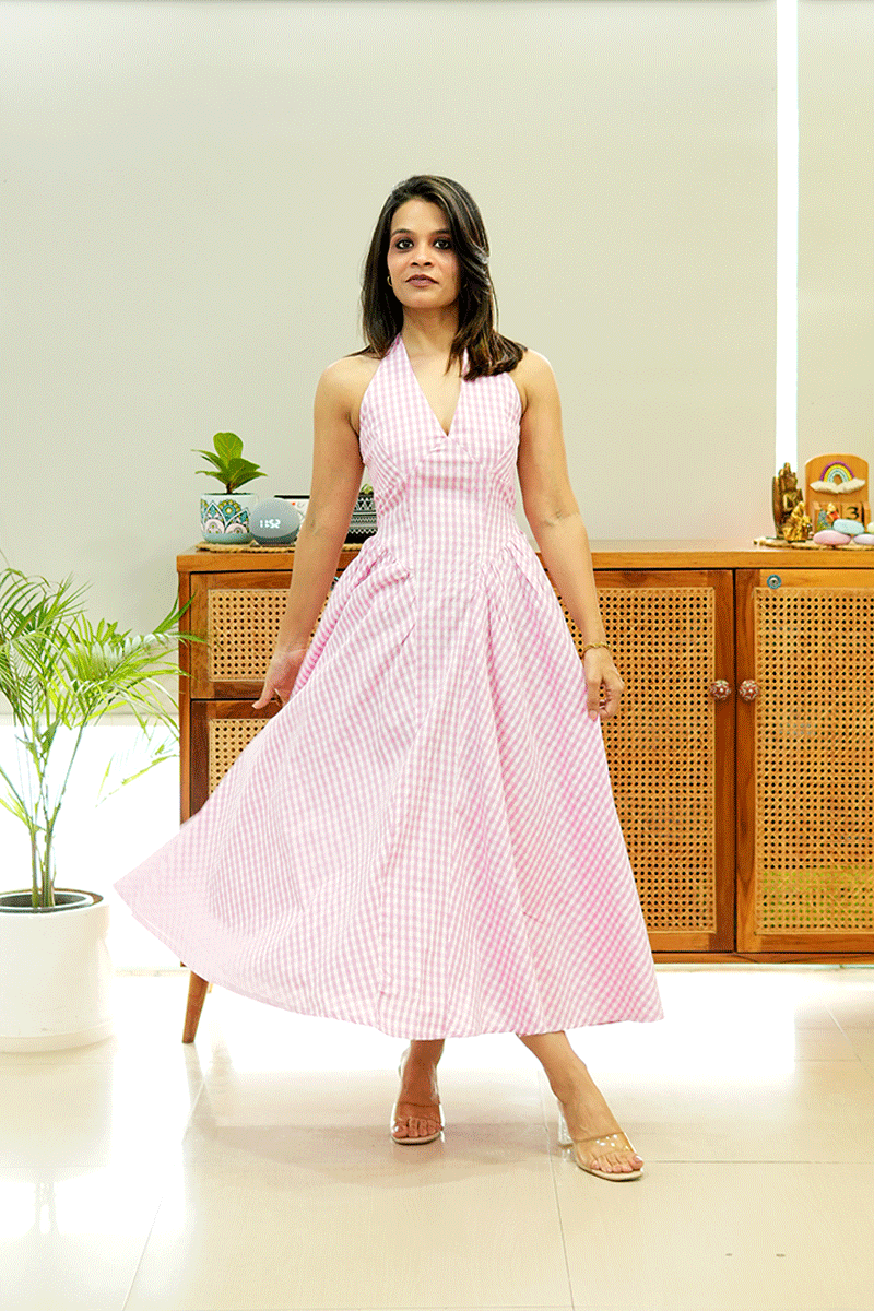 Pink Gingham Halter Midi Dress