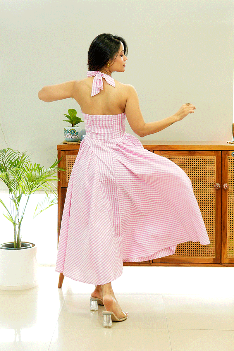 Pink Gingham Halter Midi Dress