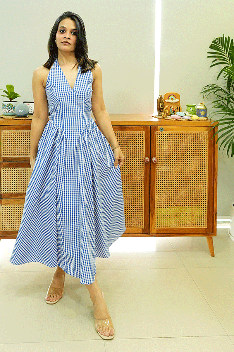 Blue Gingham Halter Neck Midi Dress