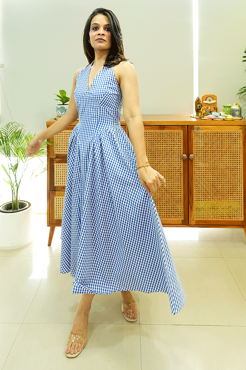 Blue Gingham Halter Neck Midi Dress