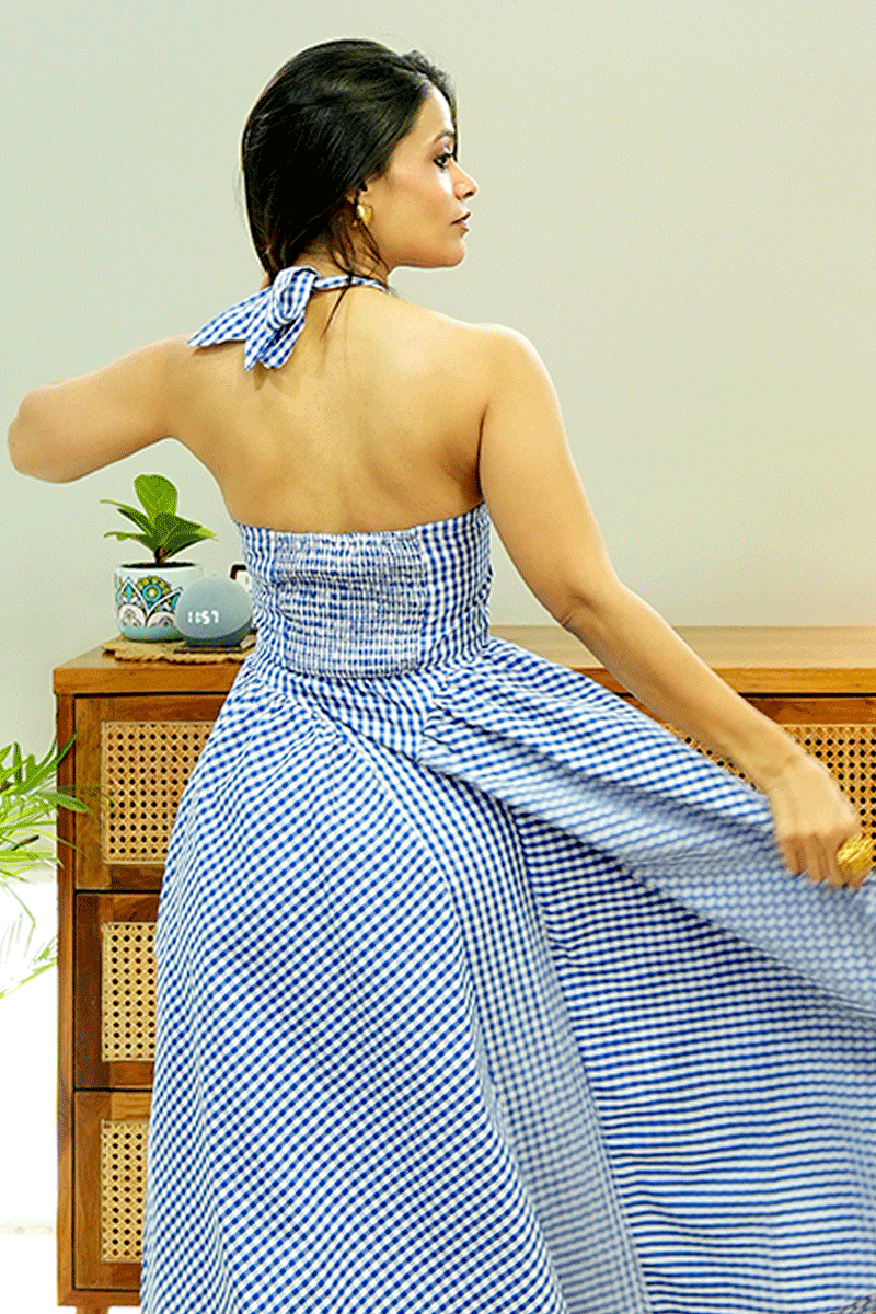 Blue Gingham Halter Neck Midi Dress