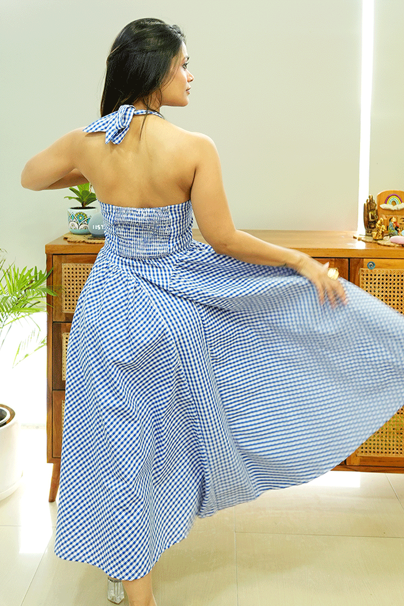 Blue Gingham Halter Neck Midi Dress